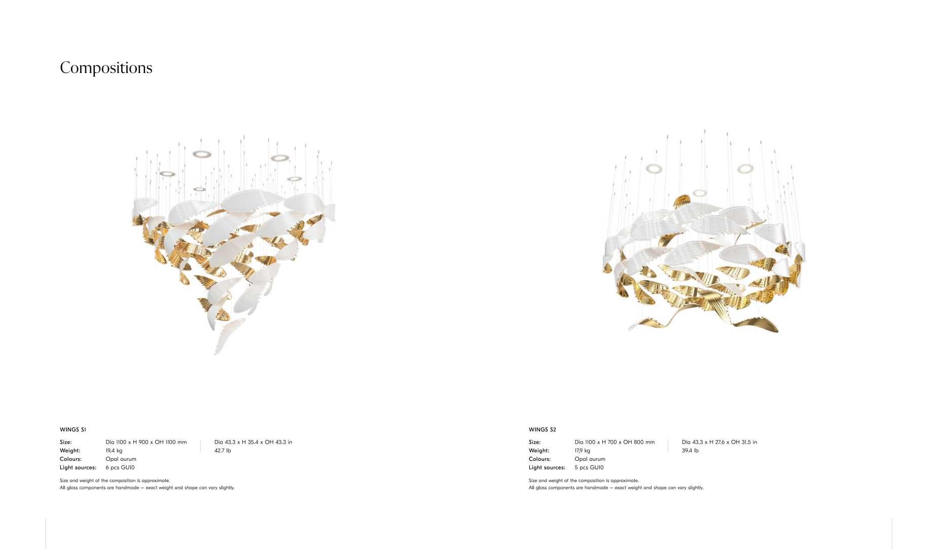 WINGS S1 and S2 compositions – compact hand-blown glass wing clusters in opal aurum
