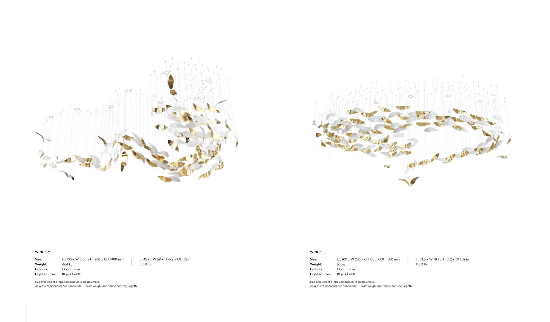 WINGS M and L compositions – large-format hand-blown glass wing suspension clusters in opal aurum