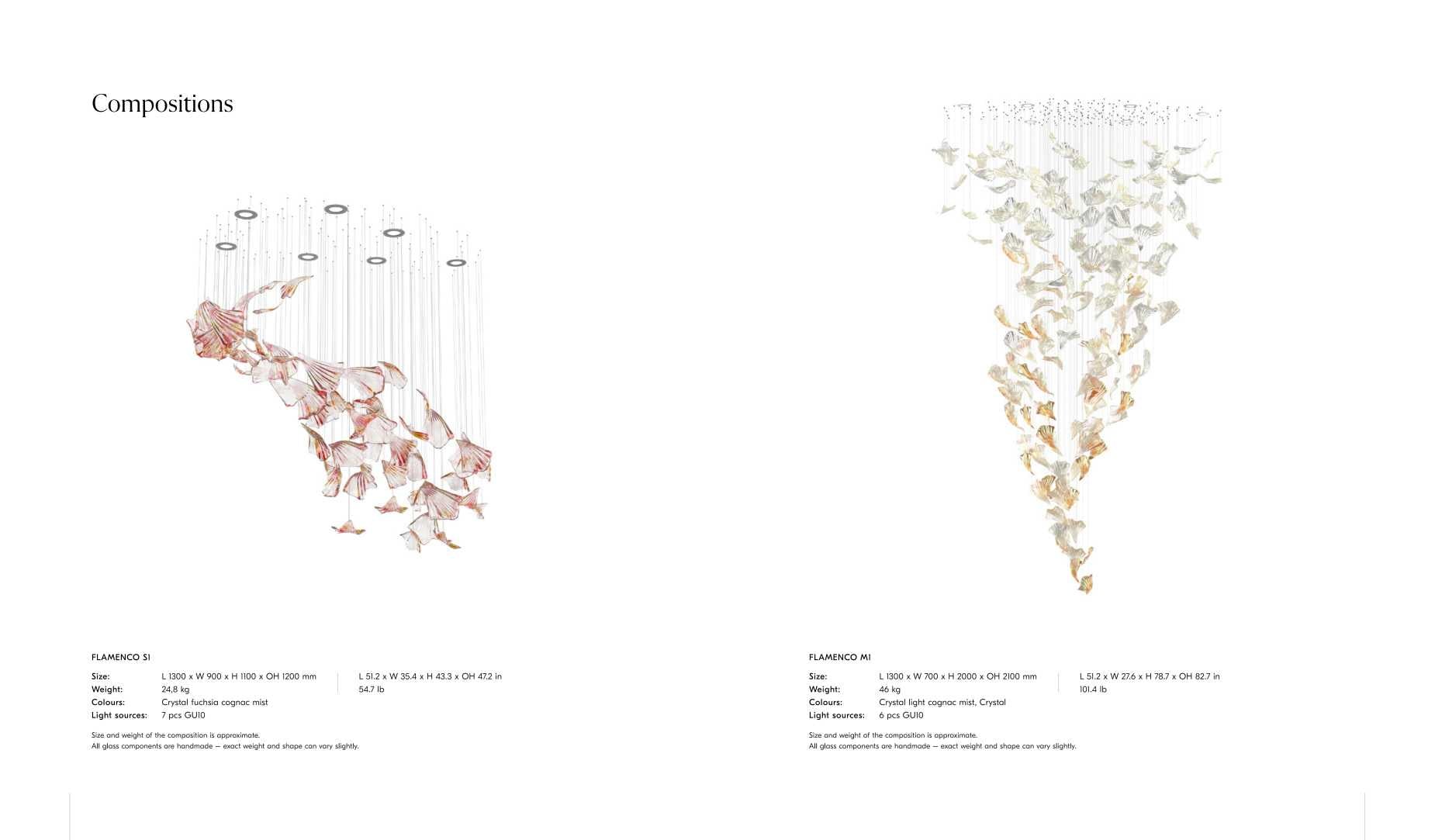 FLAMENCO S1 and M1 compositions – hand-blown glass petal clusters in crystal cognac mist tones
