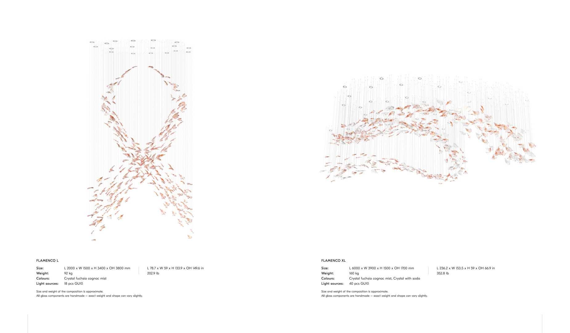 FLAMENCO L and XL compositions – large-format hand-blown glass petal suspension clusters