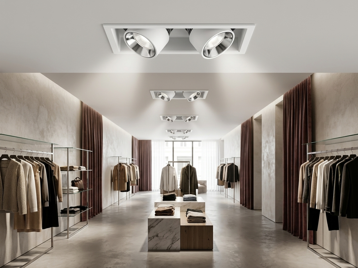 Clothing showroom idea with double square dome downlights (illustration)