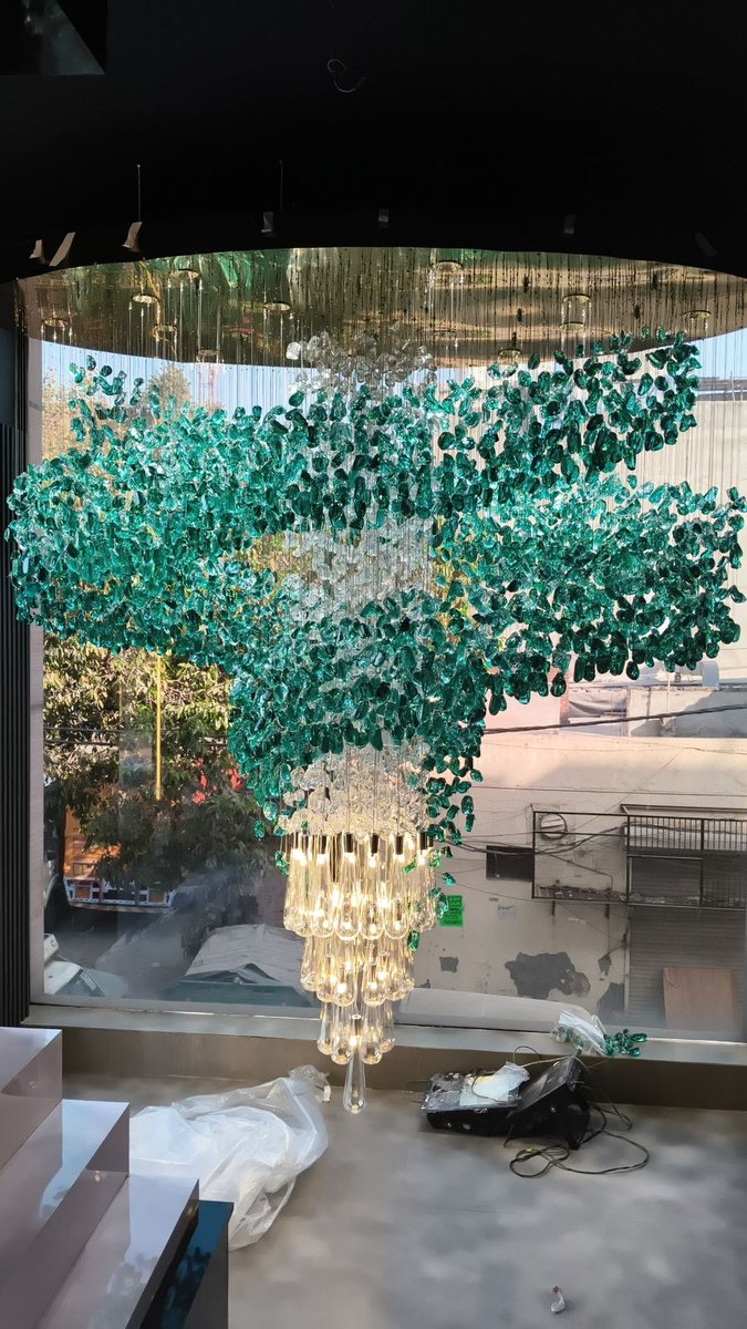 Rock and stone glass cluster chandelier – large green-stone spiral installation view