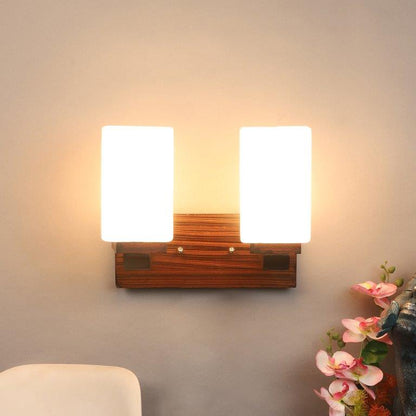 ELIANTE Brown MDF Base White Glass Shade Wall Light - S-69-2W - Bulb Included