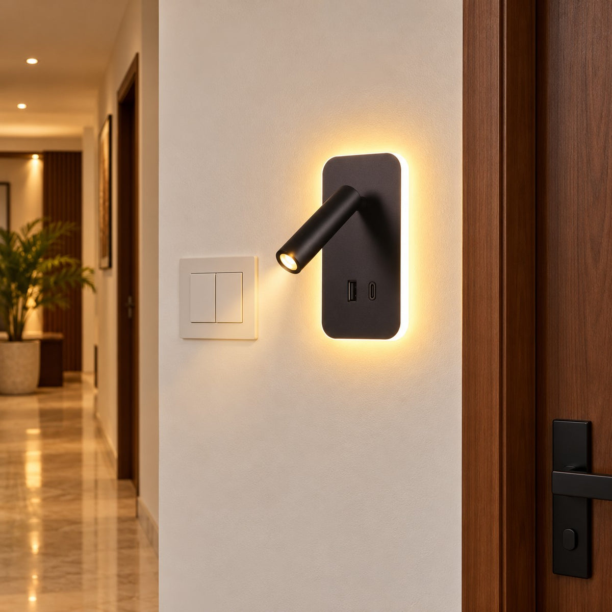 Surface LED Cylinders And Bedside Reading Lights - 3+3+8W Bedside Lamp With USB+USB-C Ports