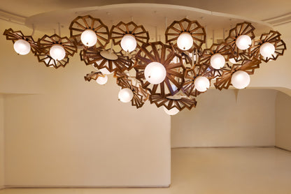 Sunburst Wood Fan Cluster Chandelier – A Statement Piece for Double-Height Lobbies