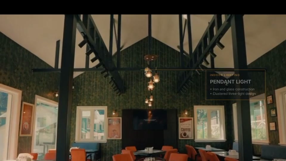 Clustered pendant light fixture over the restaurant seating