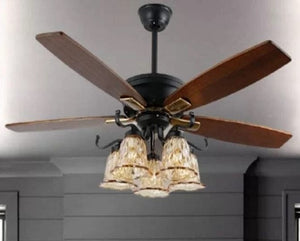 JS-LXR Classic AC 52” Ceiling Designer Fans with Light SLR0008-Matt Black Motor & Walnut Wooden Blades