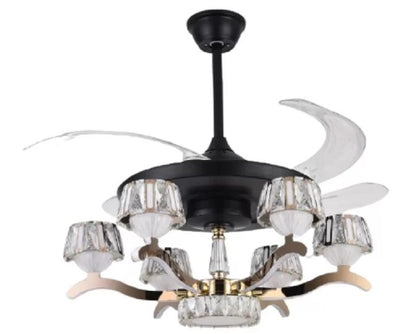 JS-LXR Crystal BLDC 42" Ceiling Chandelier Fans SLR0020-Black Motor & Gold Highlights and & Clear Transparent Blades