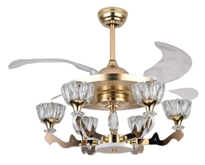 JS-LXR Crystal BLDC 42" Ceiling Chandelier Fans SLR0021-Black Motor & Gold Highlights and & Clear Transparent Blades