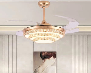 JS-LXR Crystal BLDC 42” Ceiling Chandelier Fans SLR0027-Gold Motor Body & Clear Transparent Blades