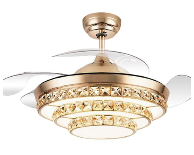 JS-LXR Crystal BLDC 42” Ceiling Chandelier Fans SLR0027-Gold Motor Body & Clear Transparent Blades