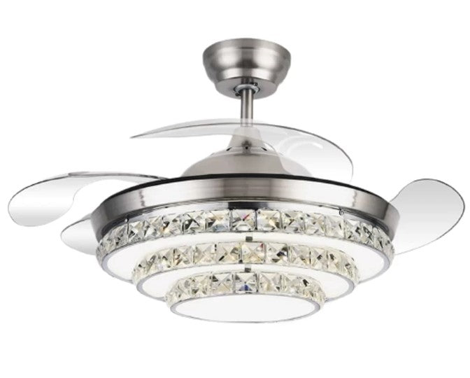 JS-LXR Crystal BLDC 42” Ceiling Chandelier Fans SLR0028-Matt Silver Body & Clear Transparent Blades