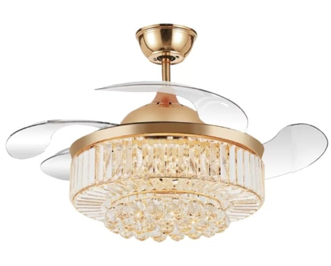 JS-LXR Crystal BLDC 42” Ceiling Chandelier Fans SLR0030-Gold Motor Body & Clear Transparent Blade