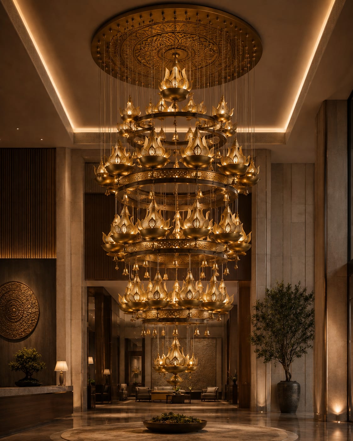 Stacked Ring Lotus Diya Brass Chandelier – A Grand Statement for Double-Height Hotel Lobbies