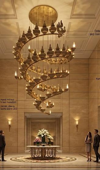 Spiral Brass Diya Chandelier – A Grand Statement for Double-Height Atriums