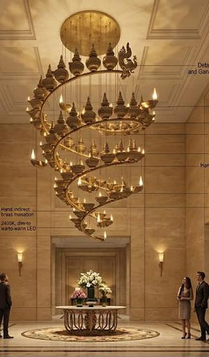 Spiral Brass Diya Chandelier – A Grand Statement for Double-Height Atriums