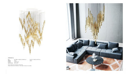 SYMPHONY XL2 composition — diamond-lattice gold rod suspension chandelier installed in a living room