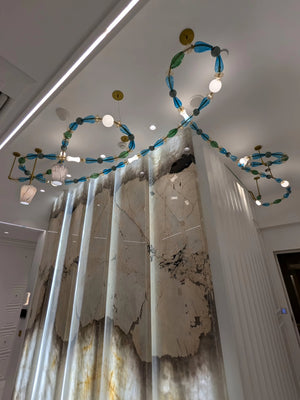 Teal & Emerald Bead Wood & Glass Ring Chandelier – A Coastal-Toned Statement for Grand Interiors
