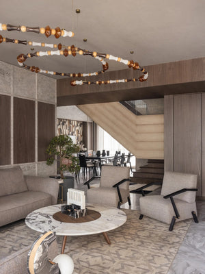 Toffee Bead Wood & Glass Swirl Chandelier – A Warm Statement for Living Spaces