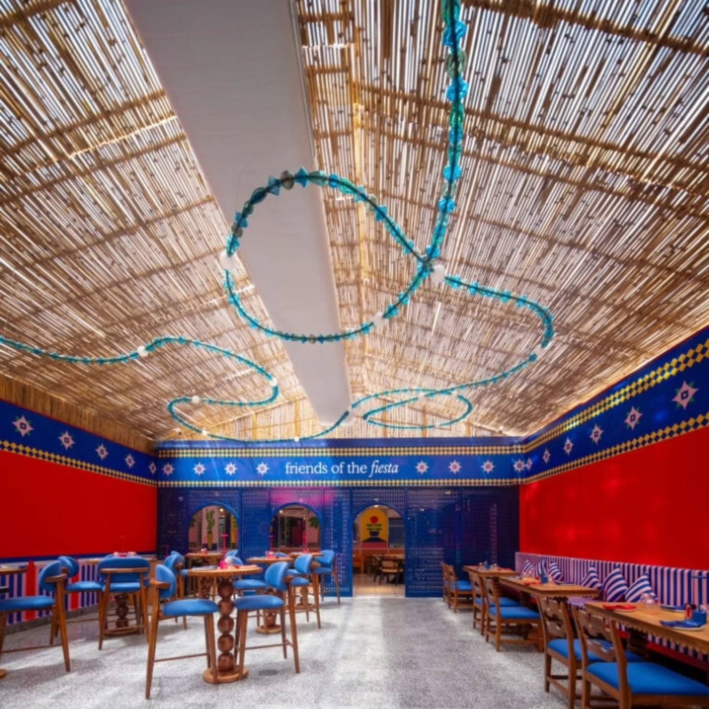 Turquoise Bead Wood & Glass Twist Chandelier – A Playful Statement for Hospitality Spaces