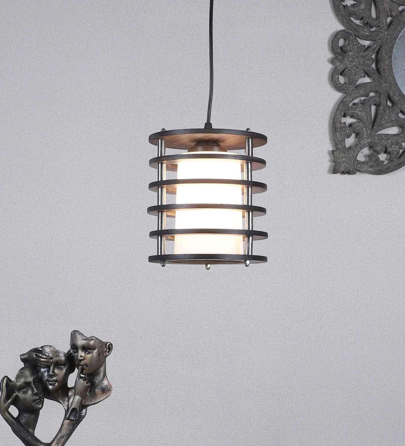 Voltira Brown and Black Wood and Iron Hanging Light  | E27 holder | without Bulb | M-19-1LP-RD-SMALL | Included Bulb | Eliante by Jainsons Lights