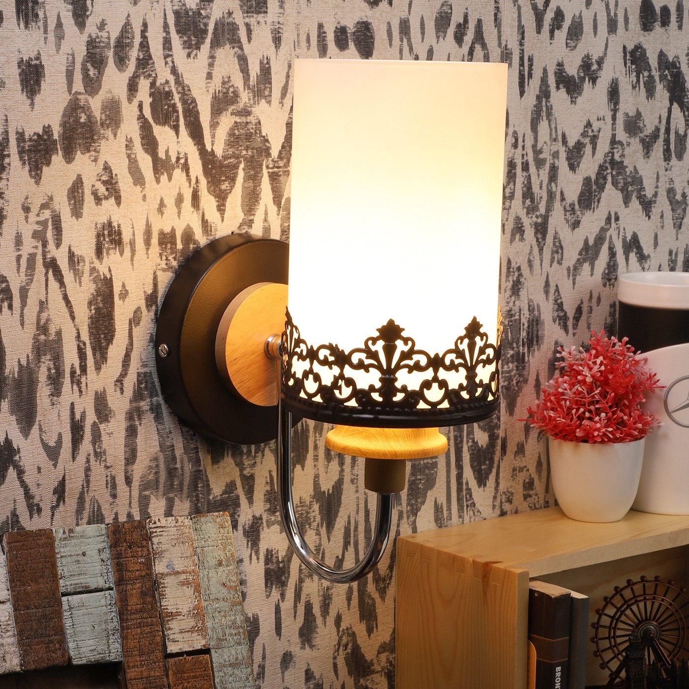 Black Wood- Metal Wall Light -S-237-1W - Included Bulb