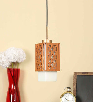Sloka White Glass Hanging Light | MNO-41-1P-Wood | Included Bulb | Eliante by Jainsons Lights