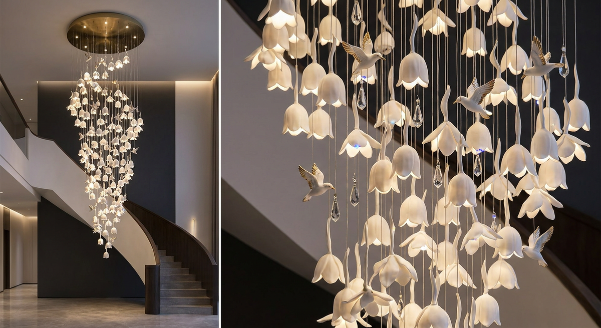 White porcelain blossom and songbird cascade chandelier - AI-generated concept render