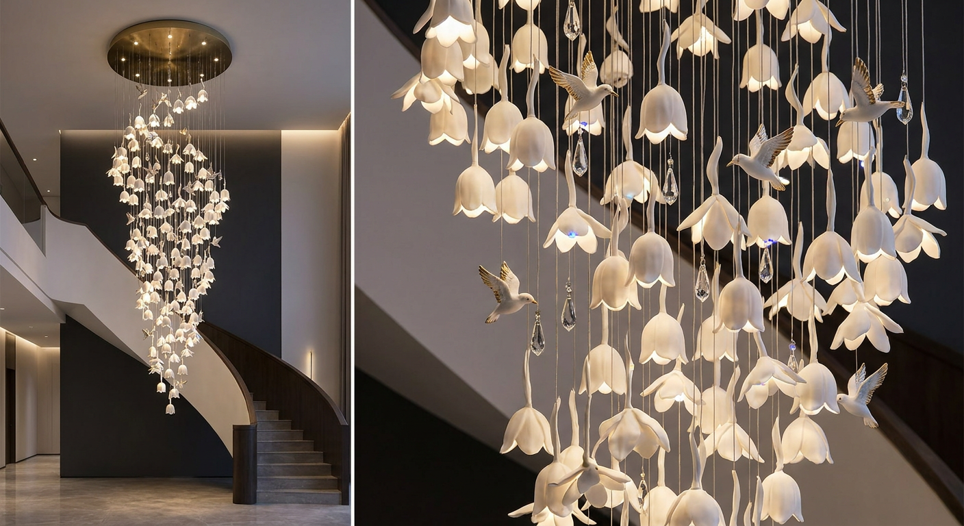 White porcelain blossom and songbird cascade chandelier - AI-generated concept render