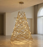 Woven Branch Cone Chandelier - custom sculptural cone chandelier with woven metal branch framework and integrated LED lighting
